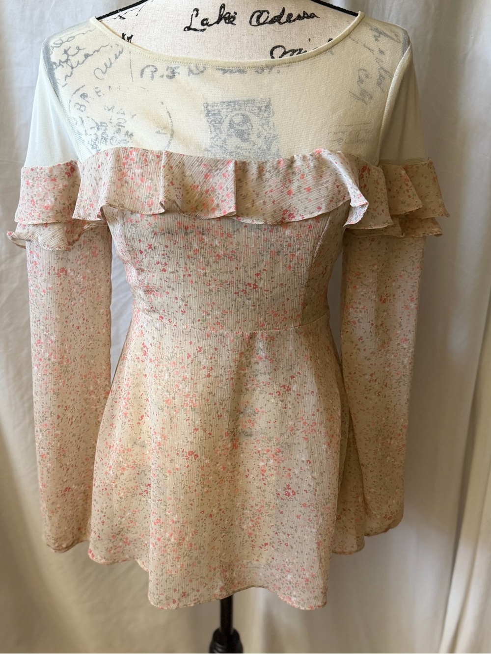 Free People Light Pink Floral Ruffle Long-Sleeve Mini Dress/Top